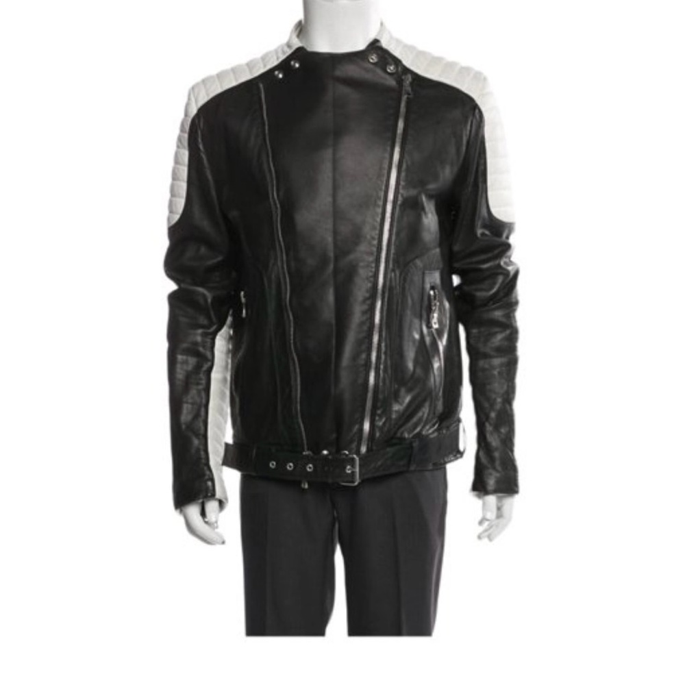 Balmain Black and White Leather moto Jacket